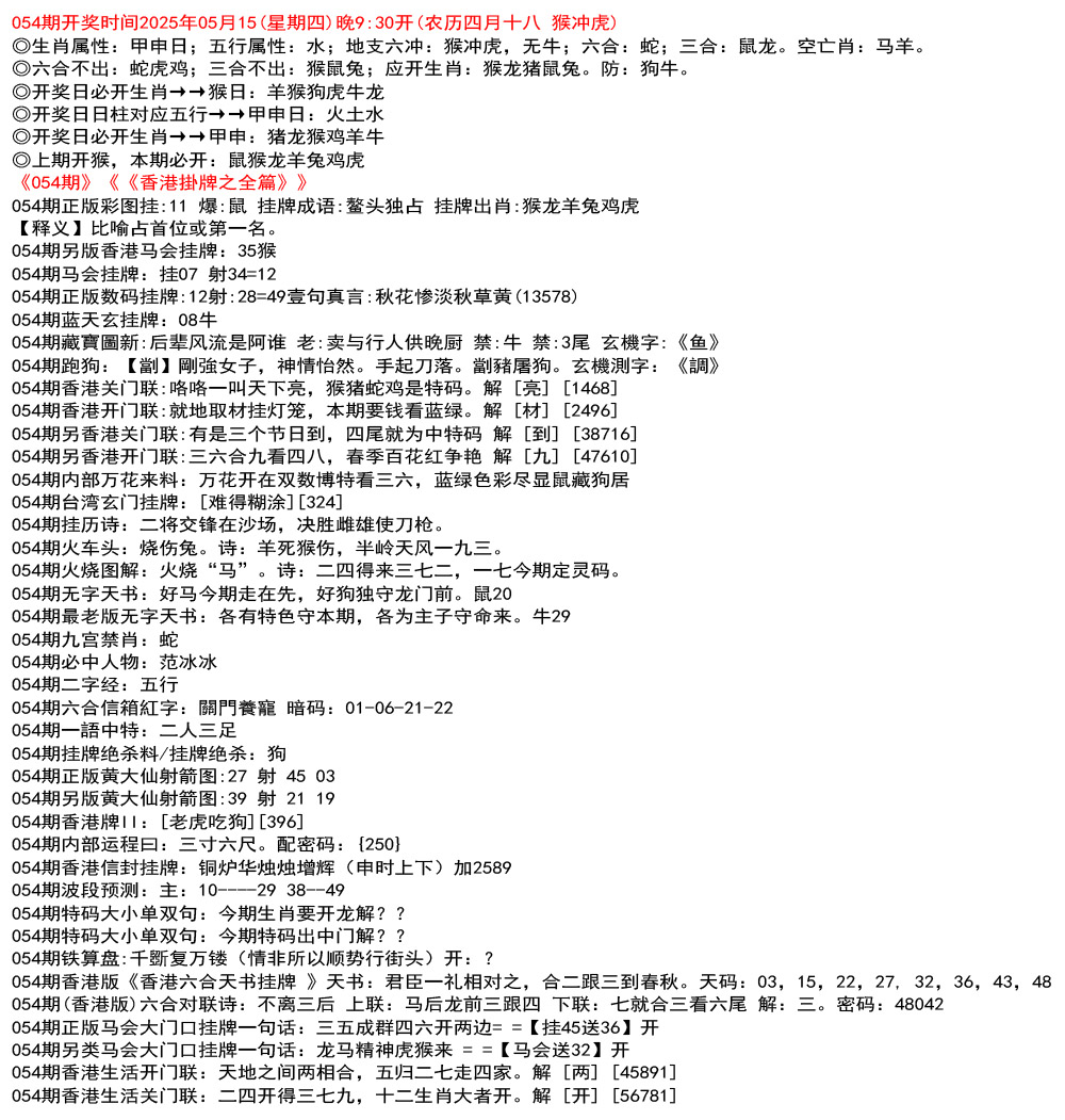 香港挂牌之全篇资料